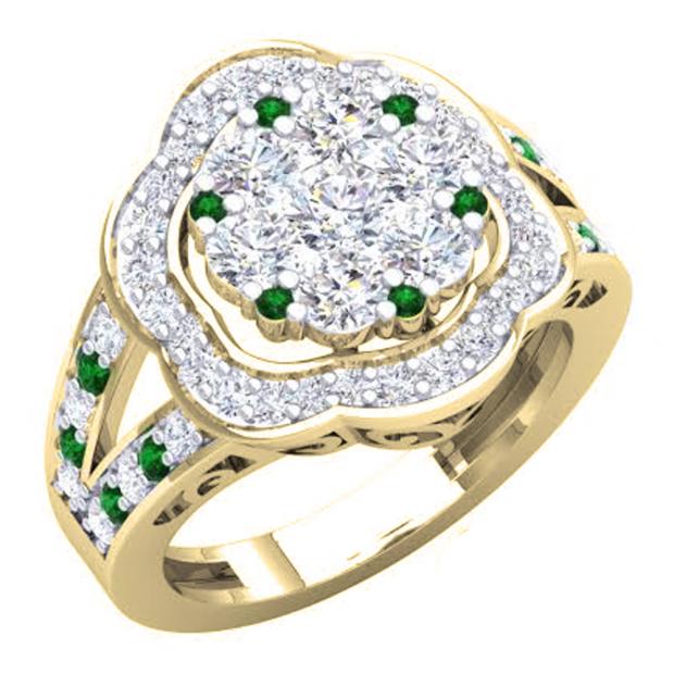 2.00 Carat (ctw) 10K Yellow Gold Round Cut Emerald & White Diamond Ladies Cluster Flower Engagement Ring 2 CT