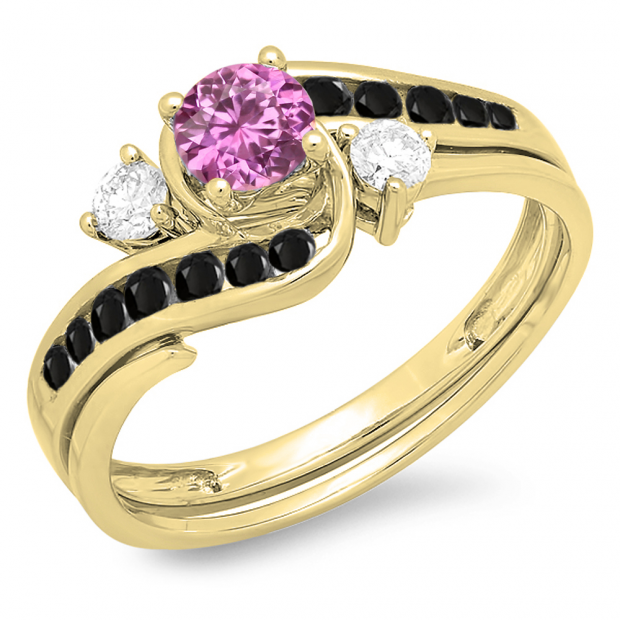 0.90 Carat (ctw) 10K Yellow Gold Round Pink Sapphire Black & White Diamond Ladies Swirl Bridal Engagement Ring Matching Band Set