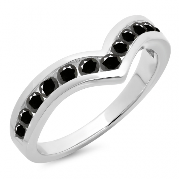 0.60 Carat (ctw) 10K White Gold Round Black Diamond Wedding Stackable Band Anniversary Guard Chevron Ring