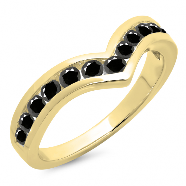 0.60 Carat (ctw) 14K Yellow Gold Round Black Diamond Wedding Stackable Band Anniversary Guard Chevron Ring