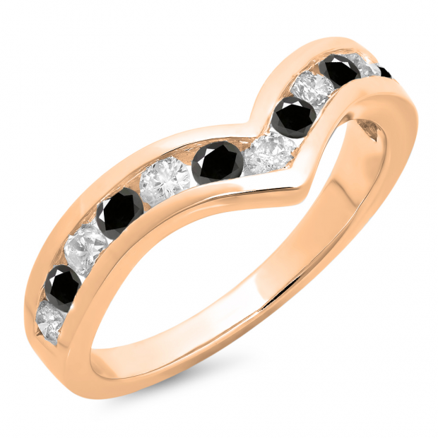 0.60 Carat (ctw) 10K Rose Gold Round Black & White Diamond Wedding Stackable Band Anniversary Guard Chevron Ring