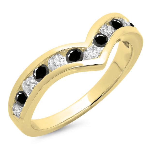 0.60 Carat (ctw) 14K Yellow Gold Round Black & White Diamond Wedding Stackable Band Anniversary Guard Chevron Ring