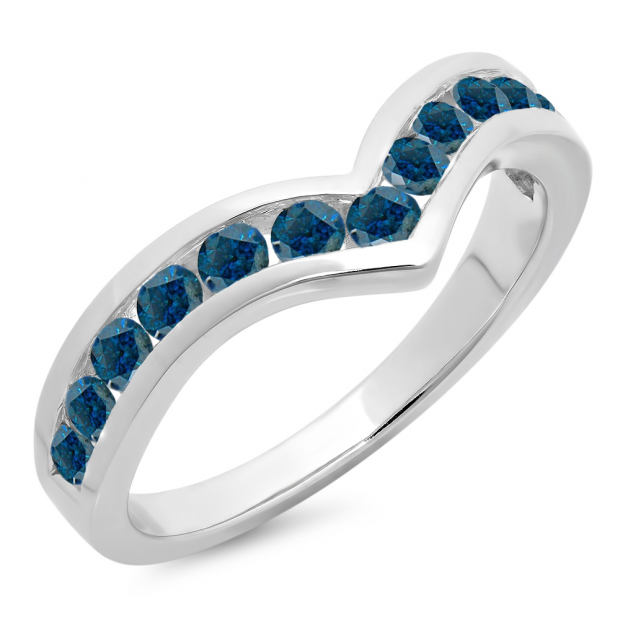 0.60 Carat (ctw) 10K White Gold Round Blue Diamond Wedding Stackable Band Anniversary Guard Chevron Ring
