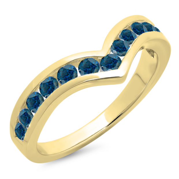 0.60 Carat (ctw) 14K Yellow Gold Round Blue Diamond Wedding Stackable Band Anniversary Guard Chevron Ring