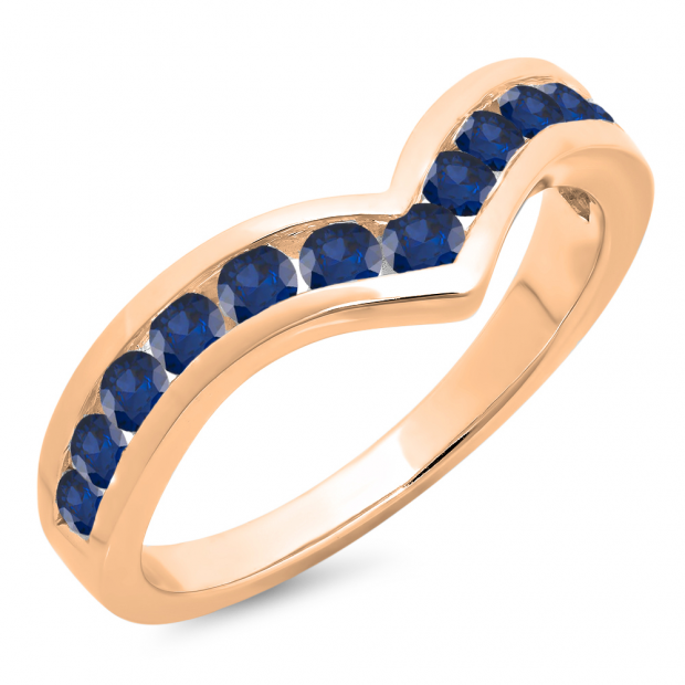 0.60 Carat (ctw) 10K Rose Gold Round Blue Sapphire Wedding Stackable Band Anniversary Guard Chevron Ring