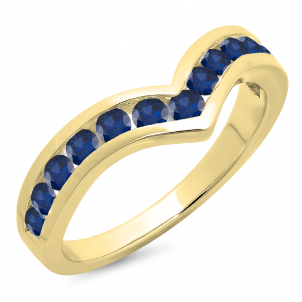 0.60 Carat (ctw) 18K Yellow Gold Round Blue Sapphire Wedding Stackable Band Anniversary Guard Chevron Ring