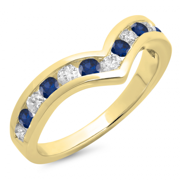0.60 Carat (ctw) 18K Yellow Gold Round Blue Sapphire & White Diamond Wedding Stackable Band Anniversary Guard Chevron Ring