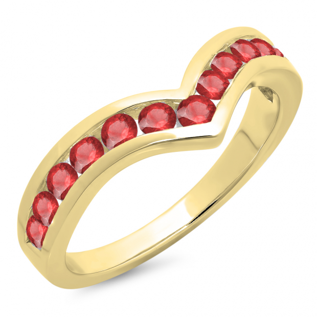 0.60 Carat (ctw) 10K Yellow Gold Round Ruby Wedding Stackable Band Anniversary Guard Chevron Ring