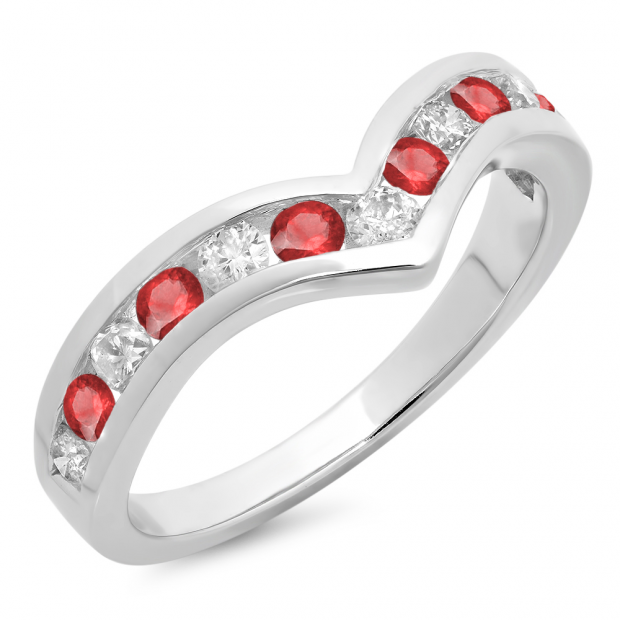 0.60 Carat (ctw) 10K White Gold Round Ruby & White Diamond Wedding Stackable Band Anniversary Guard Chevron Ring