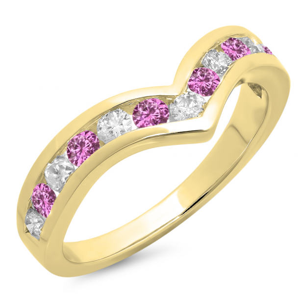 0.60 Carat (ctw) 10K Yellow Gold Round Pink Sapphire & White Diamond Wedding Stackable Band Anniversary Guard Chevron Ring