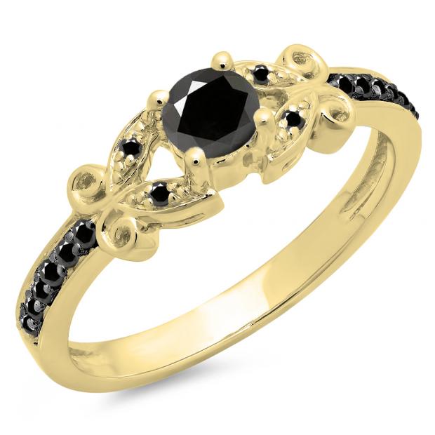 0.50 Carat (ctw) 14K Yellow Gold Round Black Diamond Ladies Bridal Unique Vintage Style Engagement Ring 1/2 CT