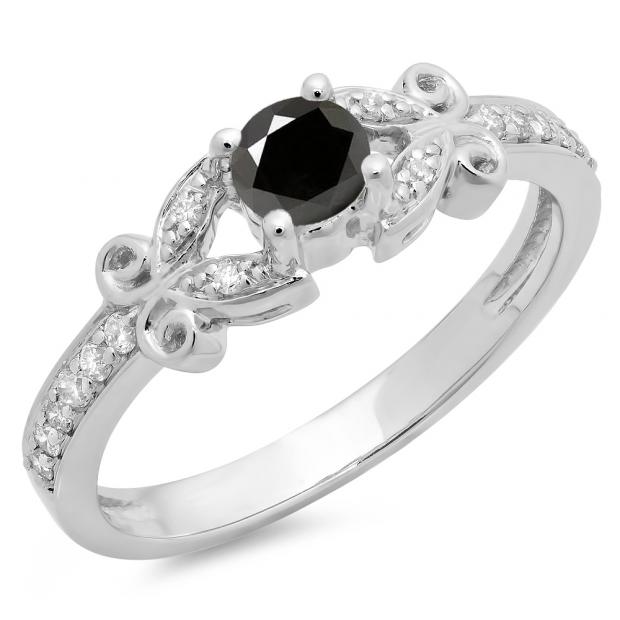 0.50 Carat (ctw) 14K White Gold Round Black & White Diamond Ladies Bridal Unique Vintage Style Engagement Ring 1/2 CT