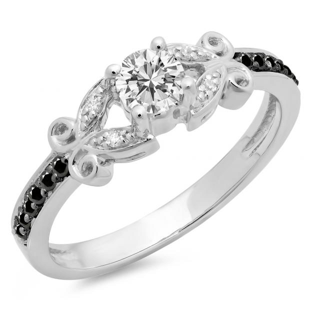 0.50 Carat (ctw) 14K White Gold Round Black & White Diamond Ladies Bridal Unique Vintage Style Engagement Ring 1/2 CT