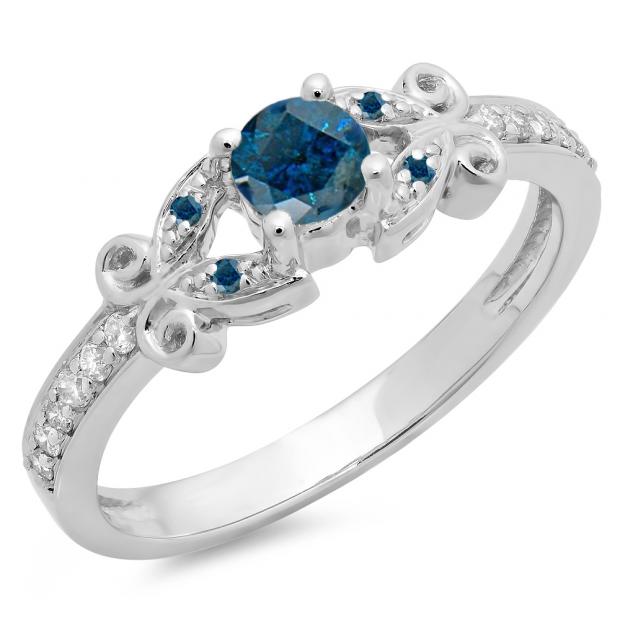 0.50 Carat (ctw) 14K White Gold Round Blue & White Diamond Ladies Bridal Unique Vintage Style Engagement Ring 1/2 CT