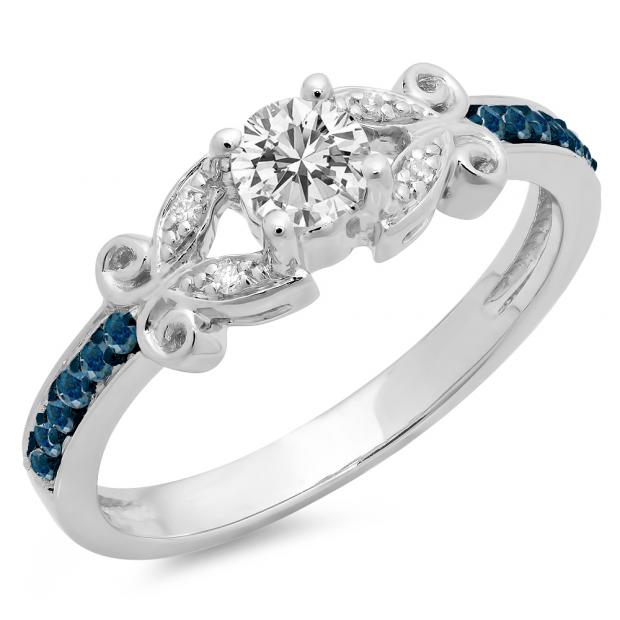 0.50 Carat (ctw) 18K White Gold Round Blue & White Diamond Ladies Bridal Unique Vintage Style Engagement Ring 1/2 CT