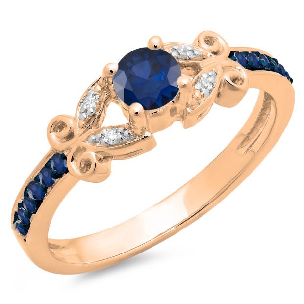 0.50 Carat (ctw) 18K Rose Gold Round Blue Sapphire & White Diamond Ladies Bridal Unique Vintage Style Engagement Ring 1/2 CT