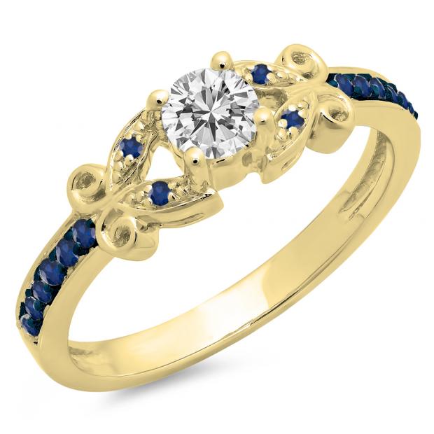 0.50 Carat (ctw) 18K Yellow Gold Round Blue Sapphire & White Diamond Ladies Bridal Unique Vintage Style Engagement Ring 1/2 CT