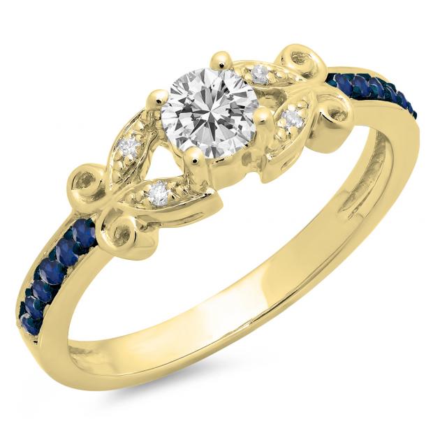0.50 Carat (ctw) 18K Yellow Gold Round Blue Sapphire & White Diamond Ladies Bridal Unique Vintage Style Engagement Ring 1/2 CT