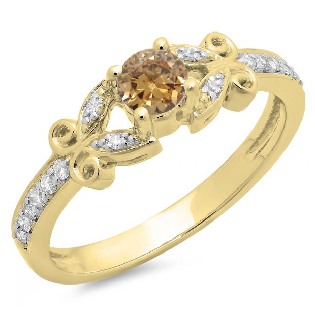 0.50 Carat (ctw) 18K Yellow Gold Round Champagne & White Diamond Ladies Bridal Unique Vintage Style Engagement Ring 1/2 CT