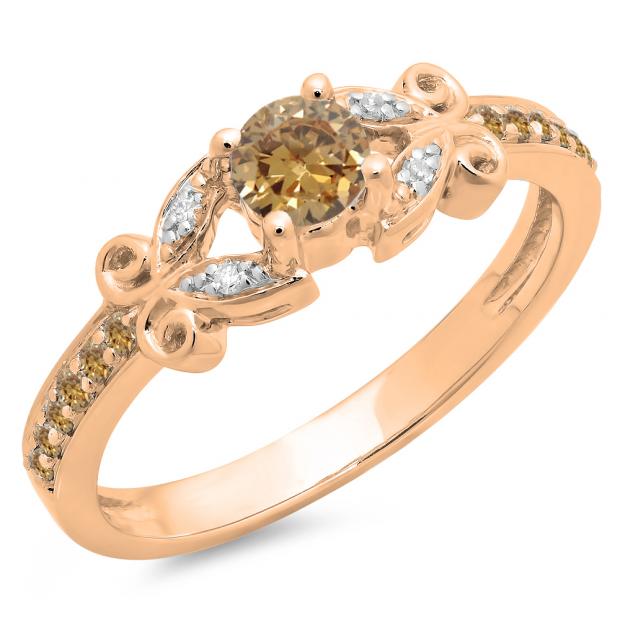 0.50 Carat (ctw) 14K Rose Gold Round Champagne & White Diamond Ladies Bridal Unique Vintage Style Engagement Ring 1/2 CT