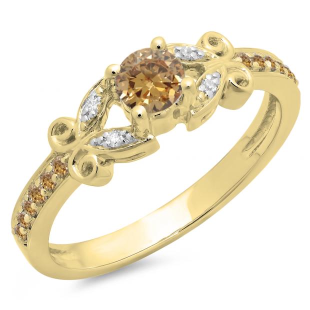 0.50 Carat (ctw) 18K Yellow Gold Round Champagne & White Diamond Ladies Bridal Unique Vintage Style Engagement Ring 1/2 CT