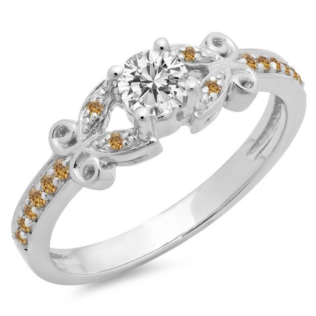 0.50 Carat (ctw) 18K White Gold Round Champagne & White Diamond Ladies Bridal Unique Vintage Style Engagement Ring 1/2 CT