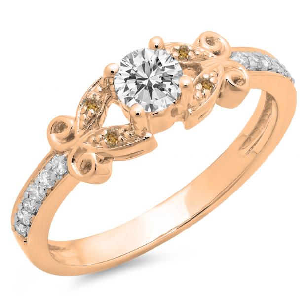 0.50 Carat (ctw) 10K Rose Gold Round Champagne & White Diamond Ladies Bridal Unique Vintage Style Engagement Ring 1/2 CT