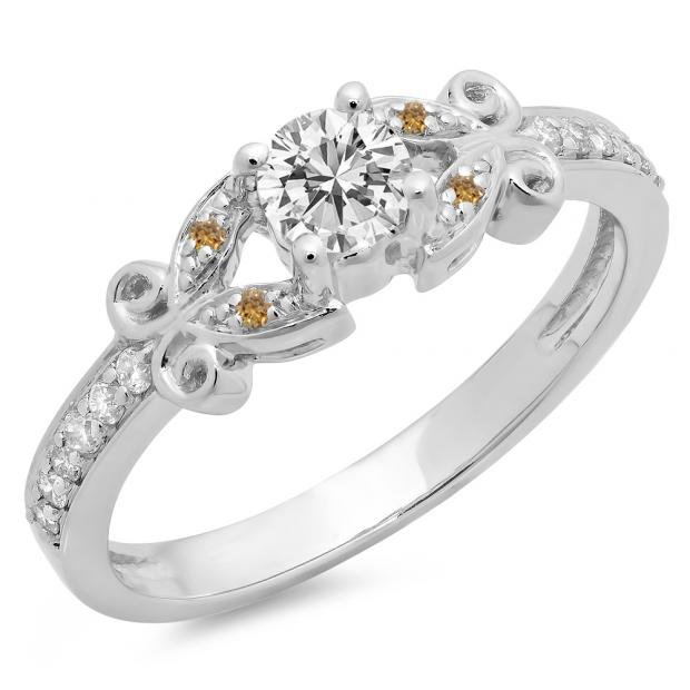 0.50 Carat (ctw) 14K White Gold Round Champagne & White Diamond Ladies Bridal Unique Vintage Style Engagement Ring 1/2 CT