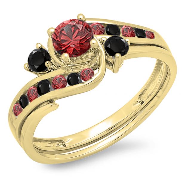 0.90 Carat (ctw) 10K Yellow Gold Round Ruby & Black Diamond Ladies Swirl Bridal Engagement Ring Matching Band Set
