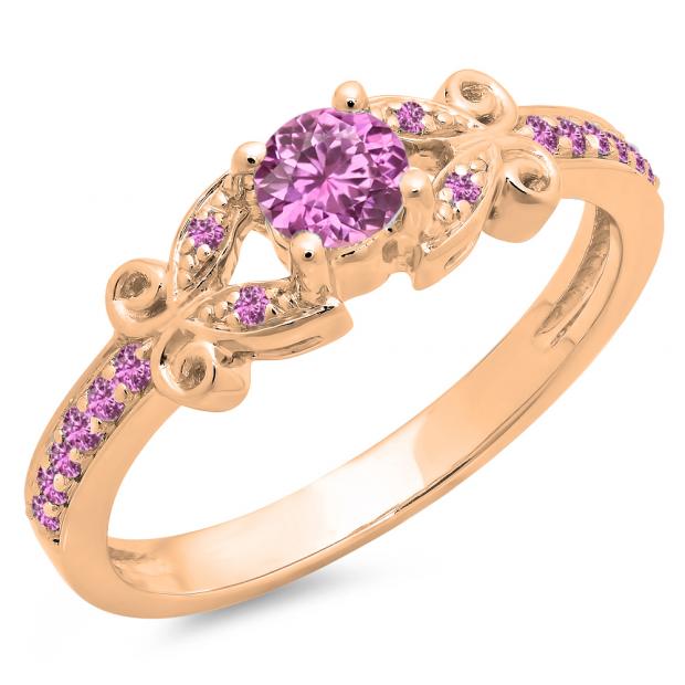 0.50 Carat (ctw) 10K Rose Gold Round Pink Sapphire Ladies Bridal Unique Vintage Style Engagement Ring 1/2 CT