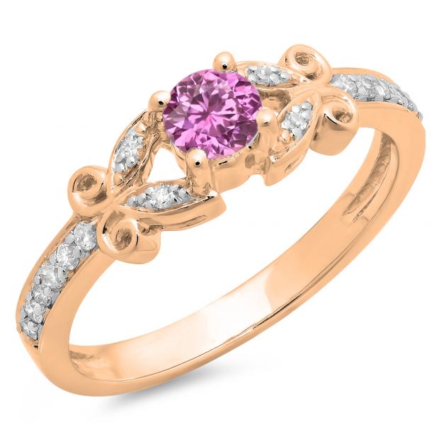 0.50 Carat (ctw) 14K Rose Gold Round Pink Sapphire & White Diamond Ladies Bridal Unique Vintage Style Engagement Ring 1/2 CT