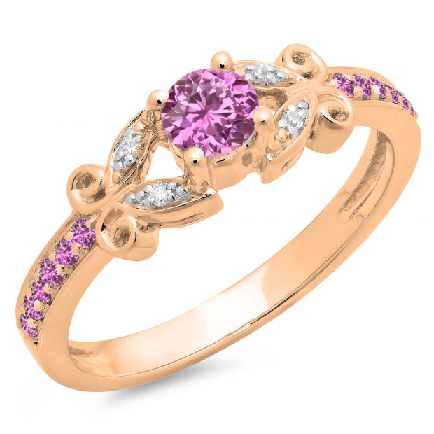 0.50 Carat (ctw) 10K Rose Gold Round Pink Sapphire & White Diamond Ladies Bridal Unique Vintage Style Engagement Ring 1/2 CT