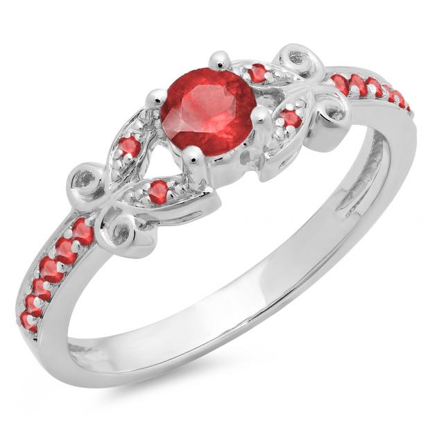 0.50 Carat (ctw) 18K White Gold Round Ruby Ladies Bridal Unique Vintage Style Engagement Ring 1/2 CT