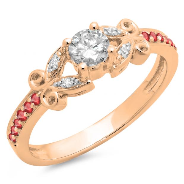 0.50 Carat (ctw) 18K Rose Gold Round Ruby & White Diamond Ladies Bridal Unique Vintage Style Engagement Ring 1/2 CT