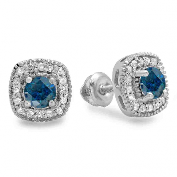 0.75 Carat (ctw) Sterling Silver Round Cut Blue & White Diamond Ladies Halo Stud Earrings 3/4 CT