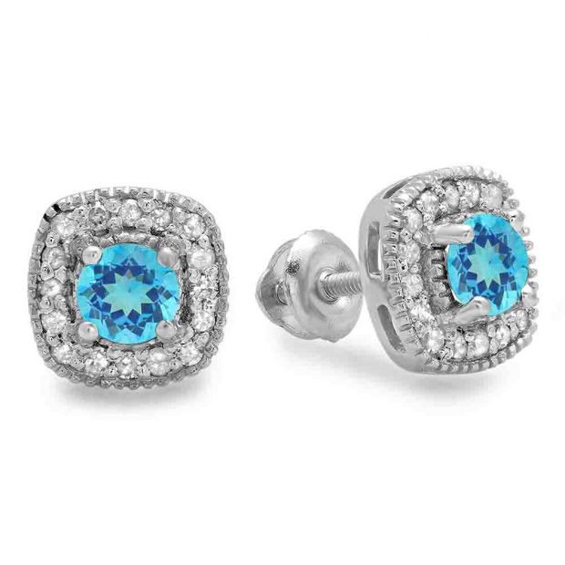 0.75 Carat (ctw) Sterling Silver Round Cut Blue Topaz & White Diamond Ladies Halo Stud Earrings 3/4 CT