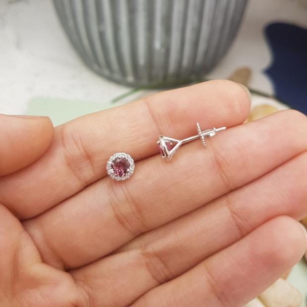 White Gold Diamond Studs, 3 Ct Round Created Pink Diamond Earrings