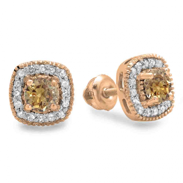 Elegant Halo Rose Gold Round Cut Women's Stud Earrings