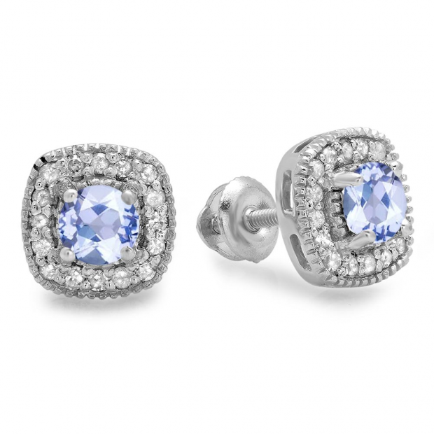 0.75 Carat (ctw) Sterling Silver Round Cut Tanzanite & White Diamond Ladies Halo Stud Earrings 3/4 CT