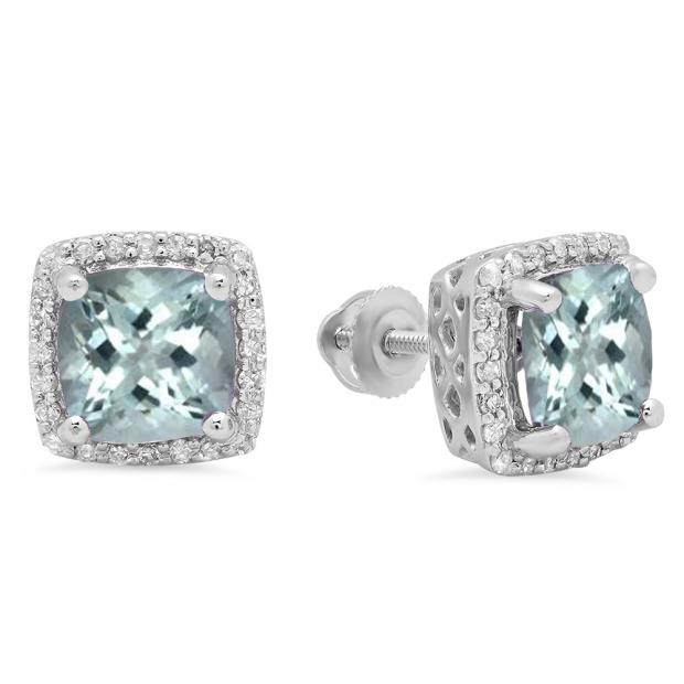 2 80 Carat Ctw 14k White Gold Cushion Cut Aquamarine Round