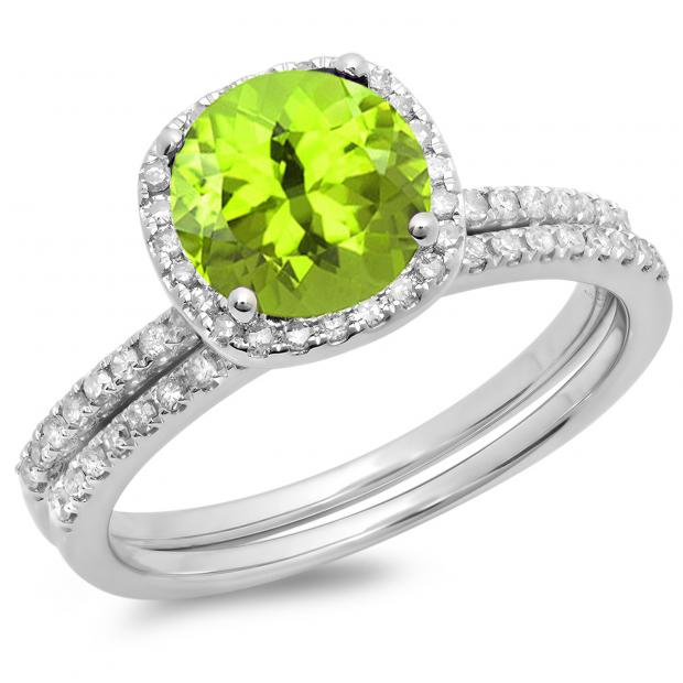 14K Gold Plated Green Peridot & White Cubic Zirconia Ladies 3 Stone Halo Bridal Engagement Ring with Matching Band Set 14K Gold Plated Green Peridot & White Cubic Zirconia Ladies 3 Stone Halo Bridal Engagement Ring with Matching Band Set