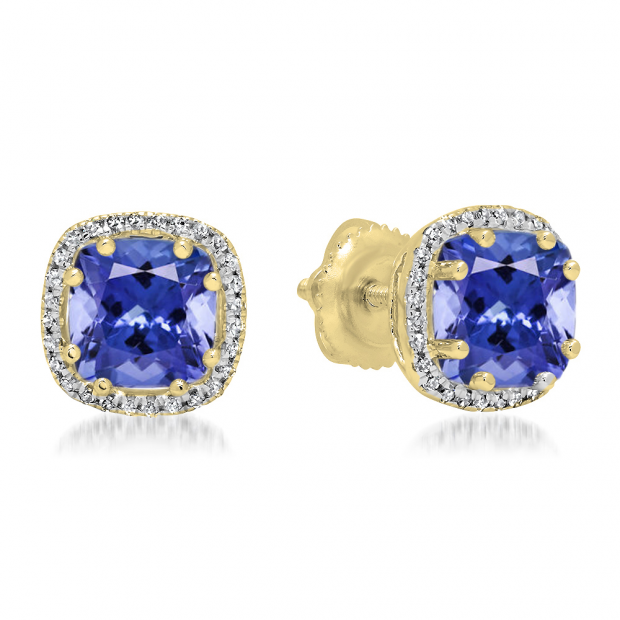 Buy 2.40 Carat (ctw) 10K Yellow Gold Cushion Cut Tanzanite & Round Cut  White Diamond Ladies Halo Style Stud Earrings Online at Dazzling Rock