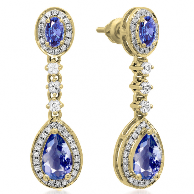 Buy 2.65 Carat (ctw) 18K Yellow Gold Pear & Oval Cut Tanzanite & Round Cut  White Sapphire & White Diamond Ladies Halo Style Dangling Drop Earrings