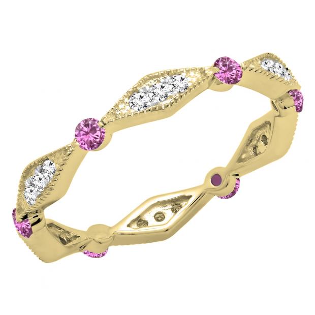 14K Yellow Gold Round Pink Sapphire & White Diamond Ladies Vintage Style Wedding Eternity Band Ring