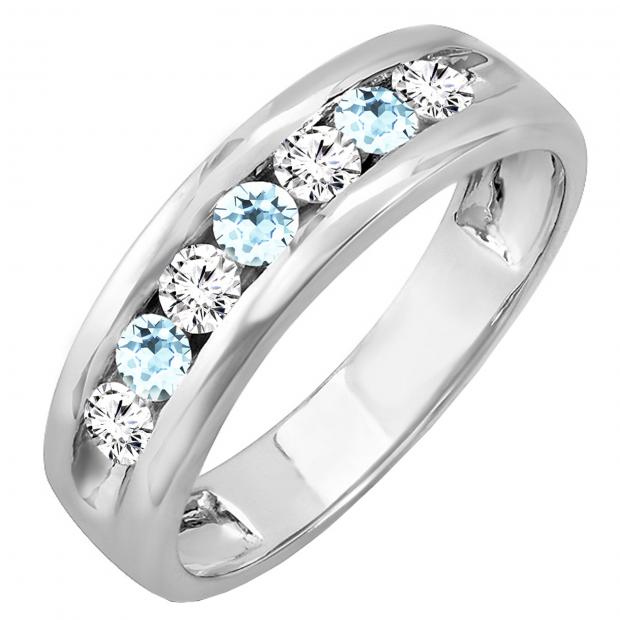 Buy 14K White Gold Round Aquamarine & White Diamond Men's