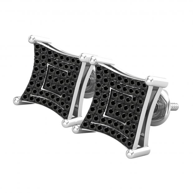 Mens Real 925 Solid Sterling Silver Iced Kite Square Black buy Diamond Earrings Stud