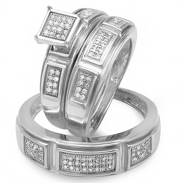 ctw Round White Diamond Men's & Women's Micro Pave Engagement Ring Trio Bridal Set Dazzlingrock Collection 0.55 Carat 