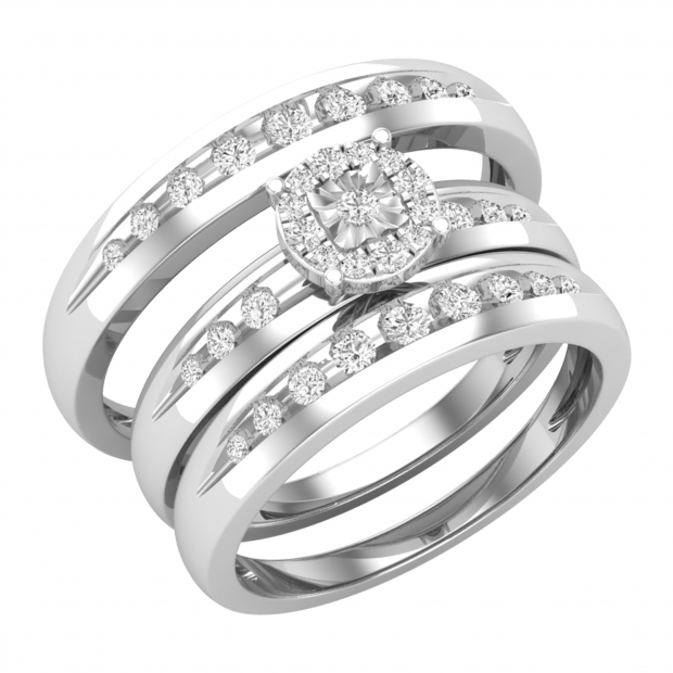 Round White Diamond Exquisite Wedding Trio Ring set 