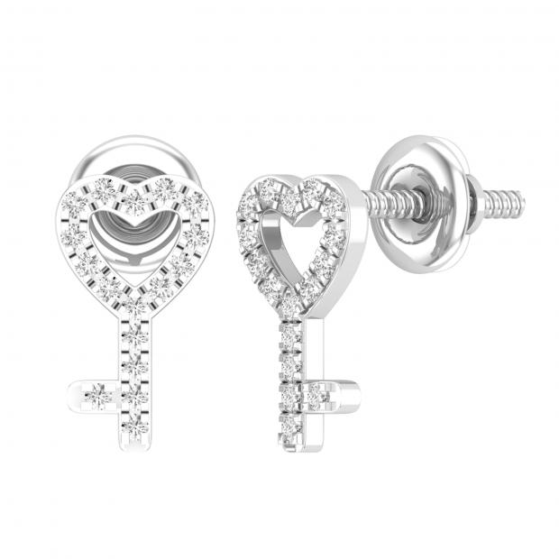 18K White Gold Screw Back Earrings - Glitter Heart