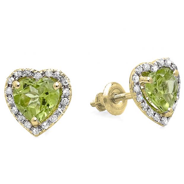 10k Yellow Gold Round Peridot And Diamond Heart Earrings